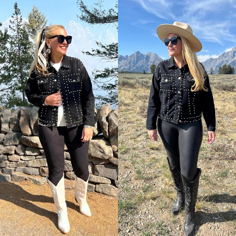 Women'S Long Sleeve Rivet Studded Denim Jacket Classic Distressed Button down Jean Jacket with Pockets - Image 4