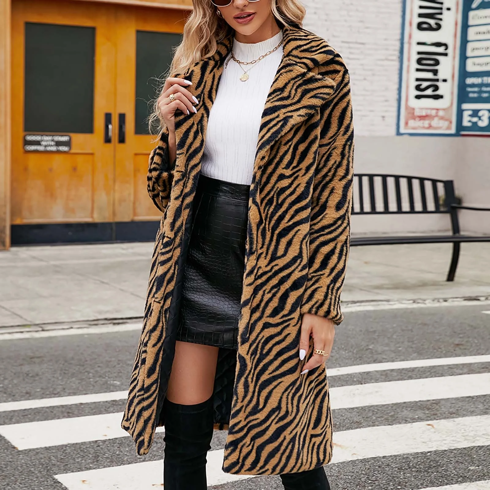 Clearance,Womens Leopard Print Faux Fur Coat Winter Fashion Fuzzy Jacket Fleece Lined Fluffy Open Front Cardigan Long Jackets Lapel Trench Coats(Brown,L) - Image 17
