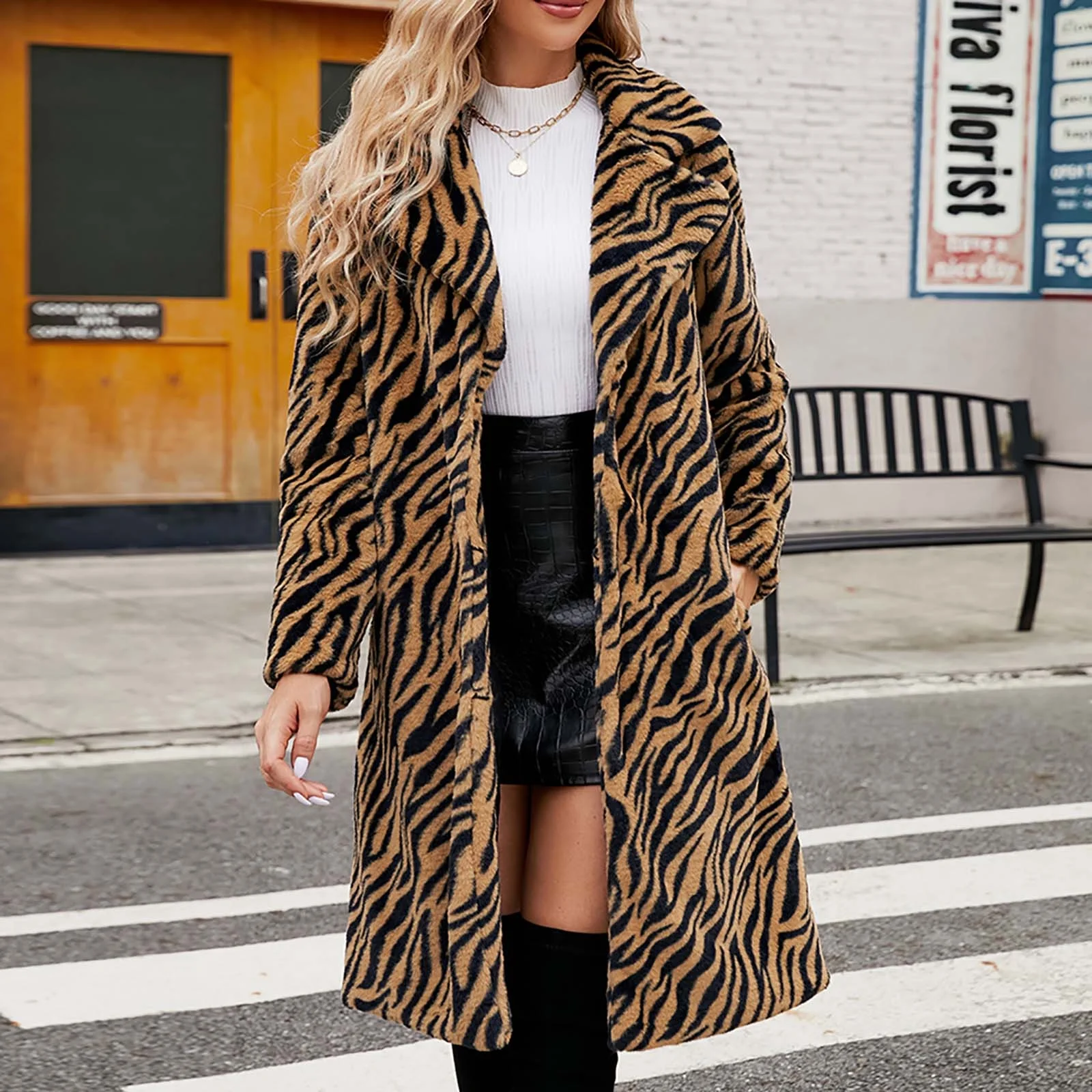 Clearance,Womens Leopard Print Faux Fur Coat Winter Fashion Fuzzy Jacket Fleece Lined Fluffy Open Front Cardigan Long Jackets Lapel Trench Coats(Brown,L) - Image 53