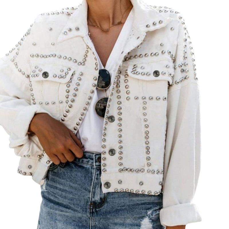 Women'S Long Sleeve Rivet Studded Denim Jacket Classic Distressed Button down Jean Jacket with Pockets - Image 12