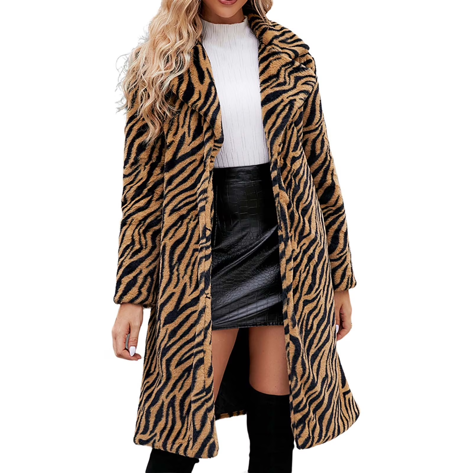 Clearance,Womens Leopard Print Faux Fur Coat Winter Fashion Fuzzy Jacket Fleece Lined Fluffy Open Front Cardigan Long Jackets Lapel Trench Coats(Brown,L) - Image 3