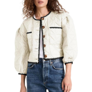 Fessceruna Womens Cropped Quilted Jacket Winter Lightweight Puff 3/4 Sleeve Button down Contrast Trim Coat