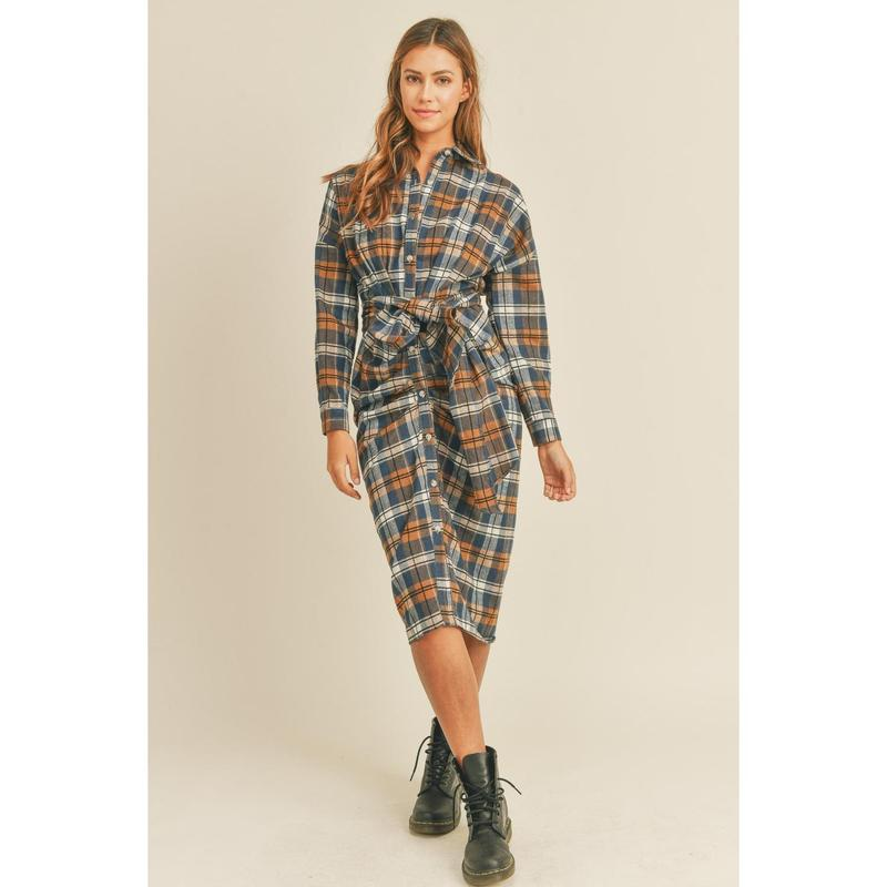 Mable Plaid Flannel Front Tie Button down Shirt Dress - Image 5