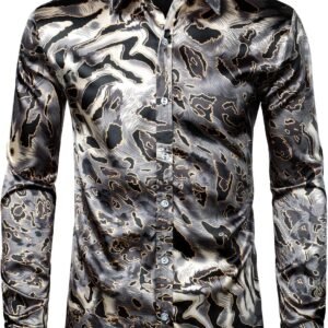 ZEROYAA Men'S Hipster Fitted Silk like Satin Dress Shirt Long Sleeve Button down Printed Shirt for Party Prom Fourth July Shirt Summer Outfits Men Funny Shirts
