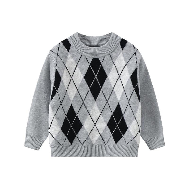 Three piece set of warm knitted sweaters for autumn and winter children, college style round neck diamond pattern children's clothing - Image 3