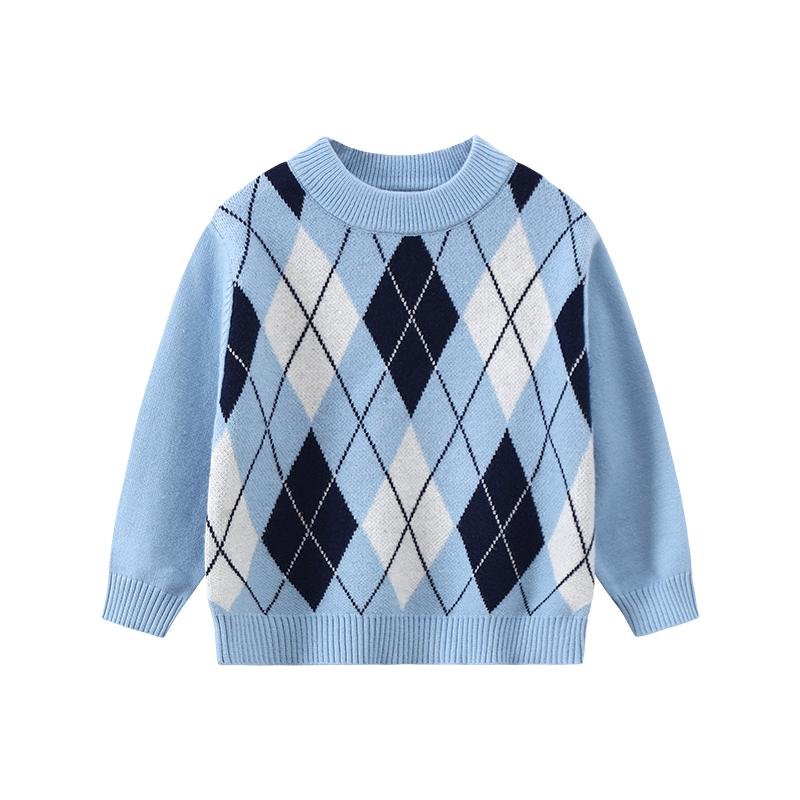 Three piece set of warm knitted sweaters for autumn and winter children, college style round neck diamond pattern children's clothing - Image 2