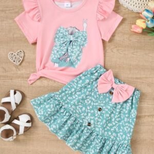 Two-piece Set Girl's Girl Print Tee & Bow Decor Skirt