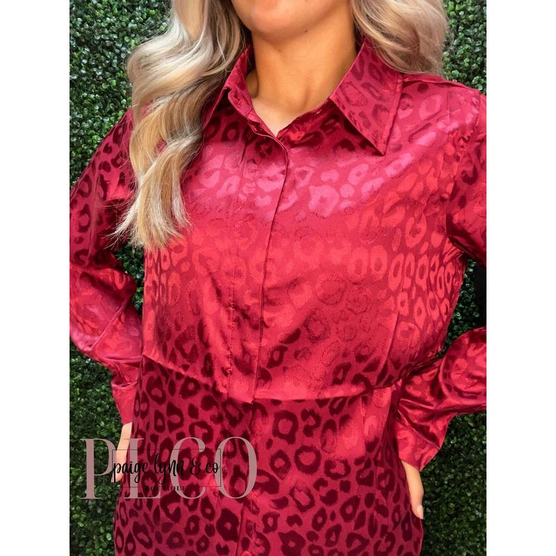 Dark Red Satin Leopard Print Button down Top - Image 2