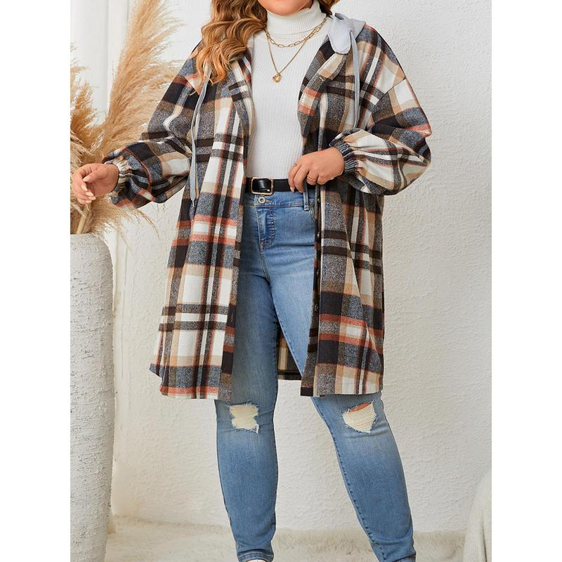 Women'S Hooded Plaid Jackets Long Sleeve Oversized Button down Shacket Fall Shirt Coats Casual Womenswear - Image 4