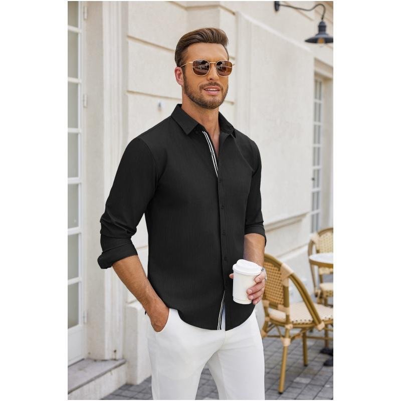 Men's Casual Button-Down Shirts Long Sleeve Button Up Dress Shirt for Men, Black, Large - Image 4
