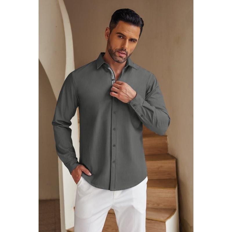 Men's Casual Button-Down Shirts Long Sleeve Button Up Dress Shirt for Men, Black, Large - Image 2