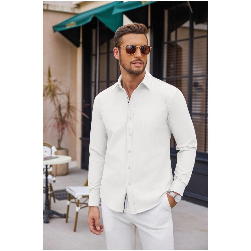 Men's Casual Button-Down Shirts Long Sleeve Button Up Dress Shirt for Men, Black, Large - Image 5