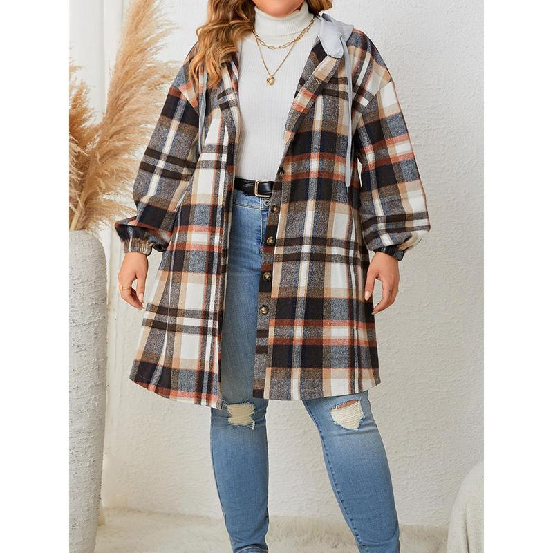 Women'S Hooded Plaid Jackets Long Sleeve Oversized Button down Shacket Fall Shirt Coats Casual Womenswear - Image 10