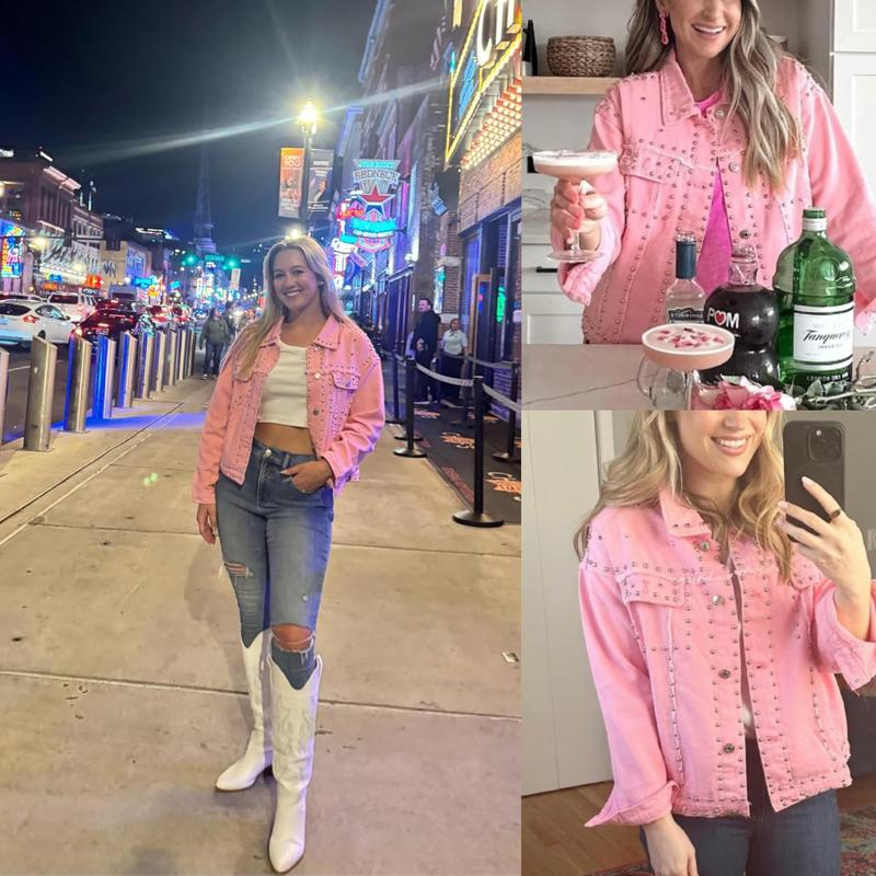 Women'S Long Sleeve Rivet Studded Denim Jacket Classic Distressed Button down Jean Jacket with Pockets - Image 6