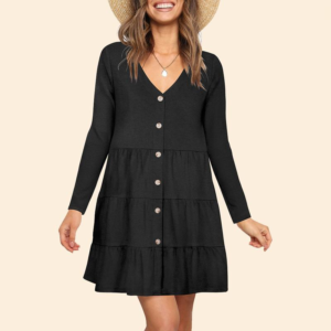 Women'S Long Sleeve Dress Casual T-Shirt Dress V-Neck Button down A-Line Swing Fall Dresses