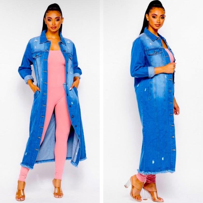 JEAN BUTTON down MEDIUM DENIM LONG TRENCH COAT JACKET Womenswear Outerwear - Image 2