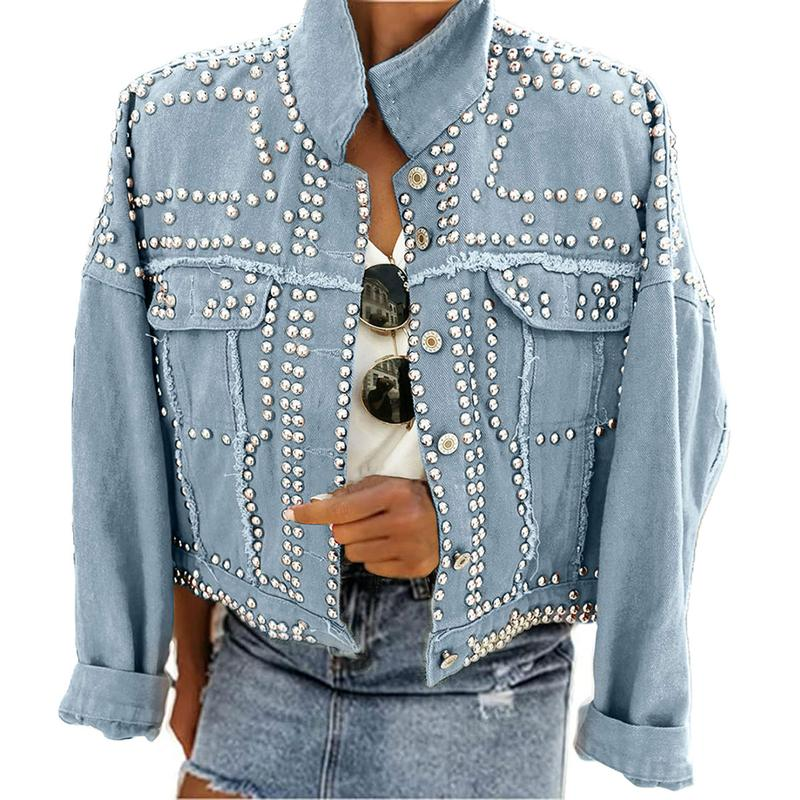 Women'S Long Sleeve Rivet Studded Denim Jacket Classic Distressed Button down Jean Jacket with Pockets - Image 14