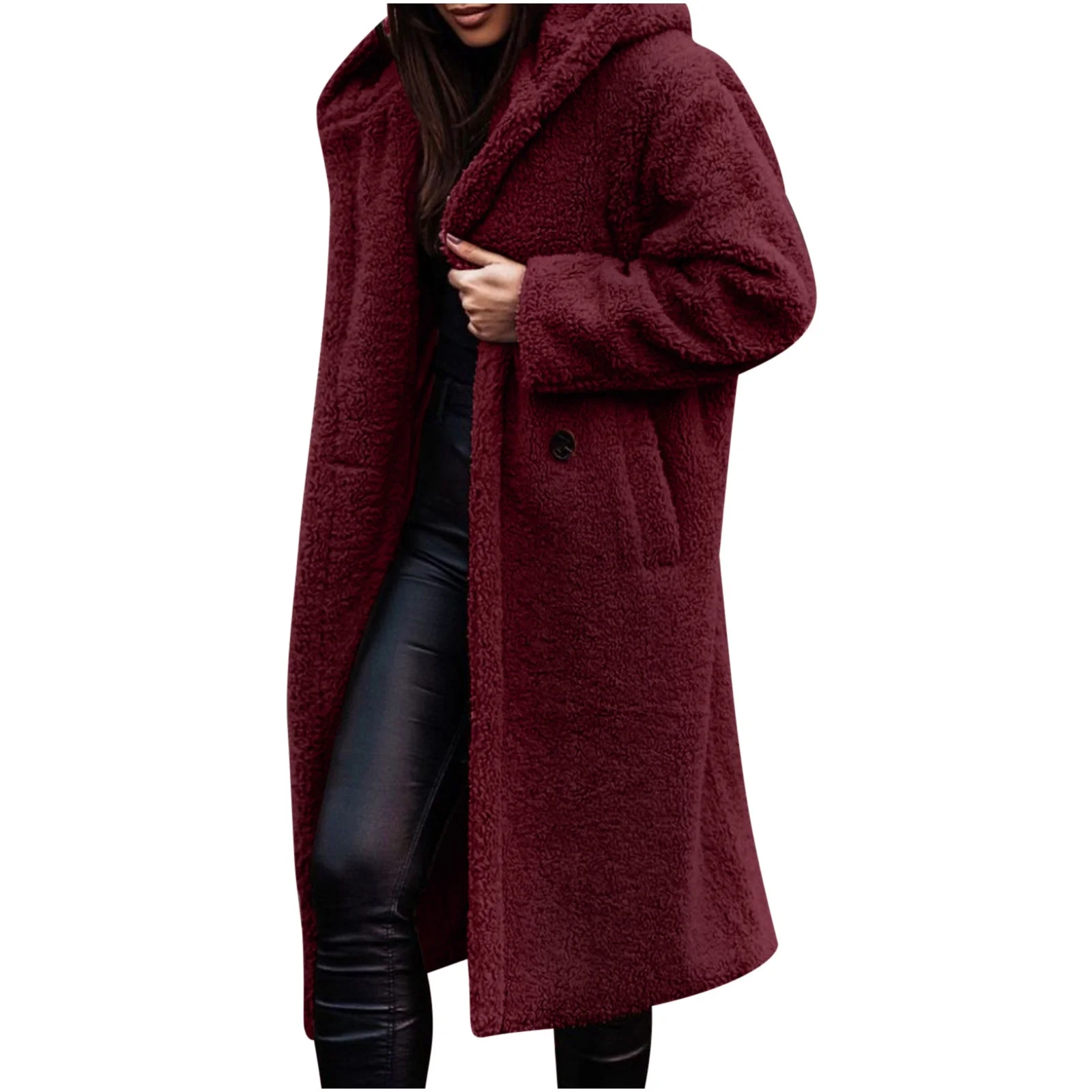 Winter Warm Sherpa Coats Jackets For Women Plus Size Hooded Faux Fur Solid Color Long Pea Coat Outerwear
