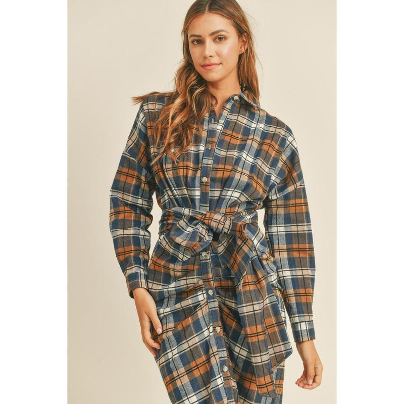 Mable Plaid Flannel Front Tie Button down Shirt Dress - Image 6