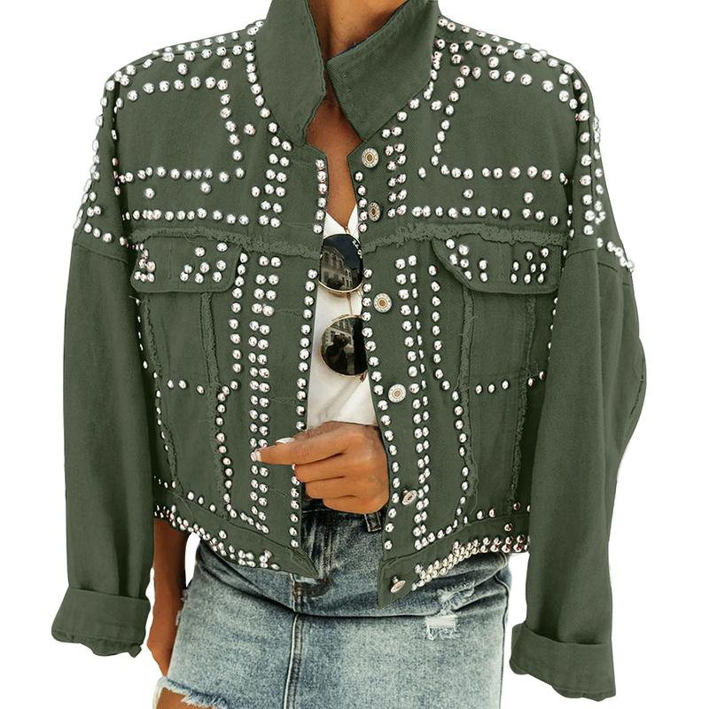 Women'S Long Sleeve Rivet Studded Denim Jacket Classic Distressed Button down Jean Jacket with Pockets - Image 15
