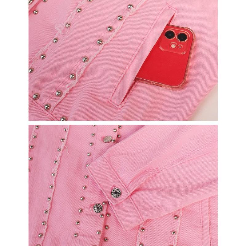 Women'S Long Sleeve Rivet Studded Denim Jacket Classic Distressed Button down Jean Jacket with Pockets - Image 10