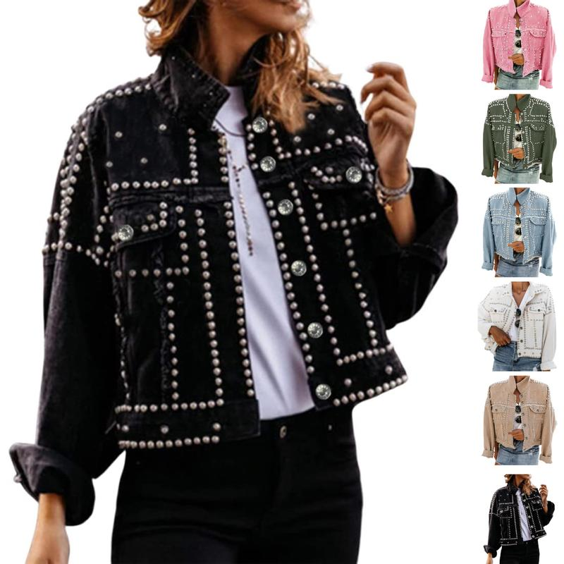 Women'S Long Sleeve Rivet Studded Denim Jacket Classic Distressed Button down Jean Jacket with Pockets - Image 3