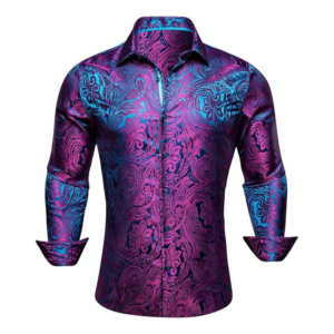 AILISUS Luxury Formal Casual Dark Purple Paisley Floral Long Sleeve Men'S Dress Shirt Slim Fit Collared Wedding Dating Party Prom Button down Shirt