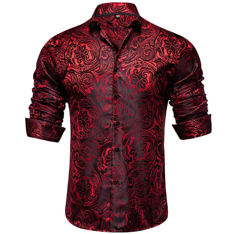 AILISUS plus Size Men'S Paisley Floral Dark Red Long Sleeve Dress Shirt Luxury Formal Casual Breathable Winkle Free Jacquard Button down Shirts Men Shirts for Wedding Party Form