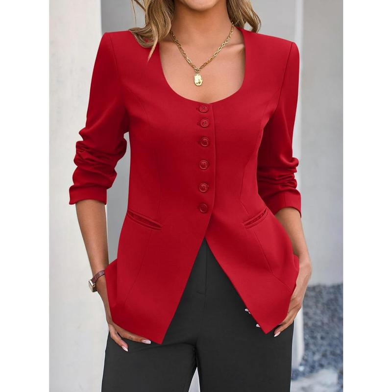 Women's Scoop Neck Casual Blazer Button down Split Hem Fitted Business Work Suit Jackets - Image 7