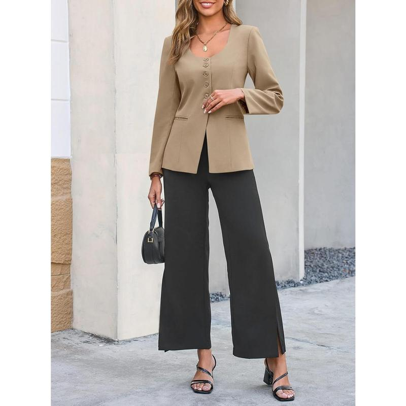 Women's Scoop Neck Casual Blazer Button down Split Hem Fitted Business Work Suit Jackets - Image 6
