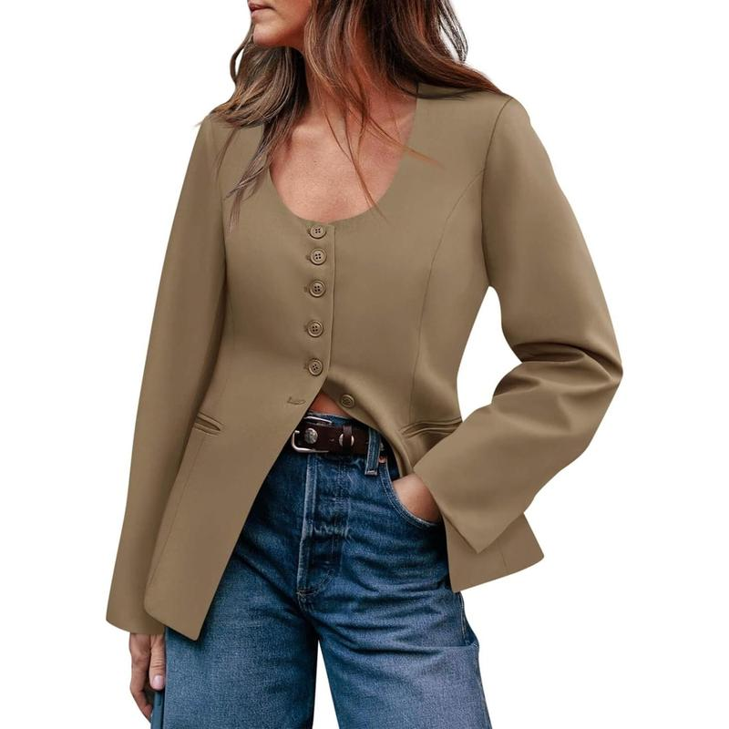 Women's Scoop Neck Casual Blazer Button down Split Hem Fitted Business Work Suit Jackets - Image 5
