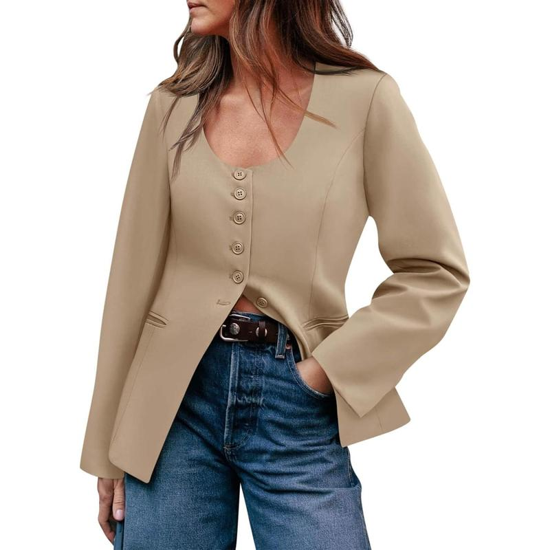 Women's Scoop Neck Casual Blazer Button down Split Hem Fitted Business Work Suit Jackets - Image 4