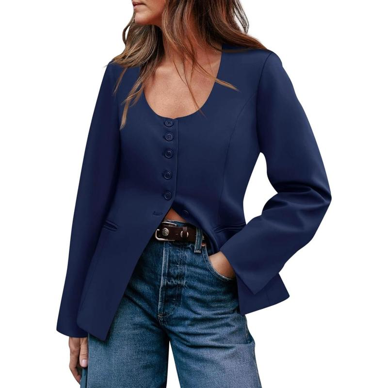 Women's Scoop Neck Casual Blazer Button down Split Hem Fitted Business Work Suit Jackets - Image 3