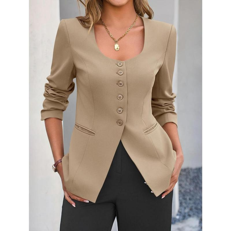 Women's Scoop Neck Casual Blazer Button down Split Hem Fitted Business Work Suit Jackets - Image 10