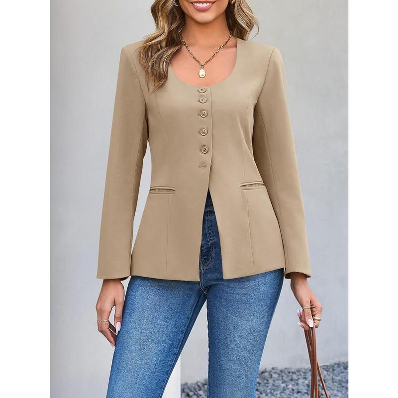 Women's Scoop Neck Casual Blazer Button down Split Hem Fitted Business Work Suit Jackets - Image 12