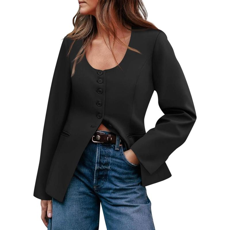 Women's Scoop Neck Casual Blazer Button down Split Hem Fitted Business Work Suit Jackets