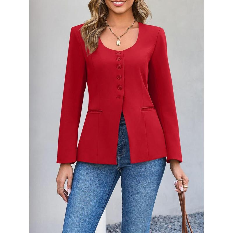 Women's Scoop Neck Casual Blazer Button down Split Hem Fitted Business Work Suit Jackets - Image 15