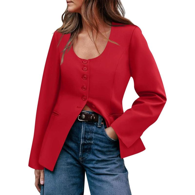 Women's Scoop Neck Casual Blazer Button down Split Hem Fitted Business Work Suit Jackets - Image 16