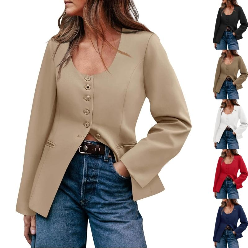 Women's Scoop Neck Casual Blazer Button down Split Hem Fitted Business Work Suit Jackets - Image 2