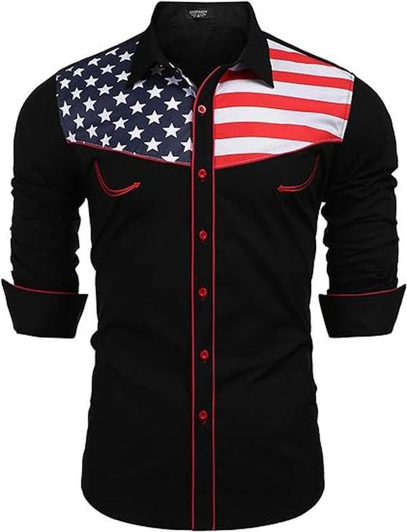 Men'S Casual American Flag Button down Shirts Slim Fit Long Sleeve Shirt Menswear Apparel Costume Cowboy Costume Cowboy Longsleeves Tops - Image 7