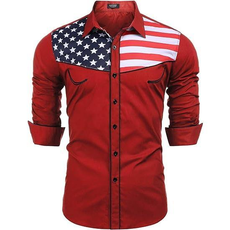 Men'S Casual American Flag Button down Shirts Slim Fit Long Sleeve Shirt Menswear Apparel Costume Cowboy Costume Cowboy Longsleeves Tops - Image 8