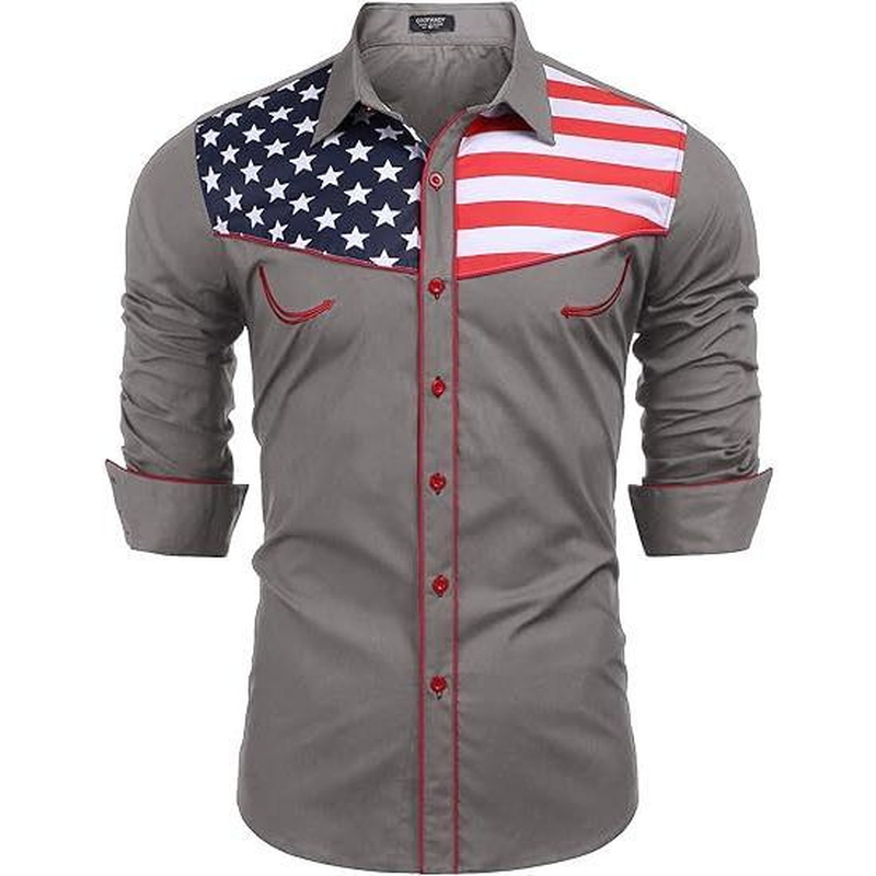 Men'S Casual American Flag Button down Shirts Slim Fit Long Sleeve Shirt Menswear Apparel Costume Cowboy Costume Cowboy Longsleeves Tops - Image 9