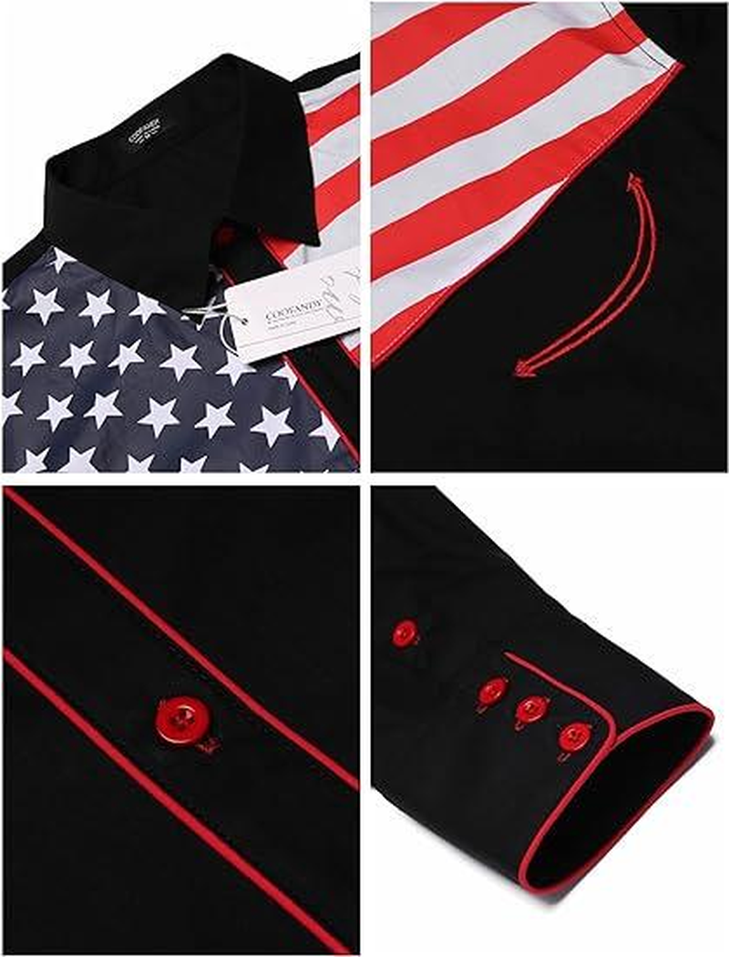 Men'S Casual American Flag Button down Shirts Slim Fit Long Sleeve Shirt Menswear Apparel Costume Cowboy Costume Cowboy Longsleeves Tops - Image 11