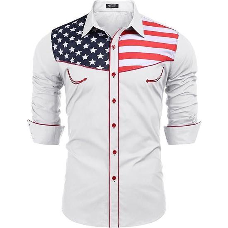 Men'S Casual American Flag Button down Shirts Slim Fit Long Sleeve Shirt Menswear Apparel Costume Cowboy Costume Cowboy Longsleeves Tops - Image 2
