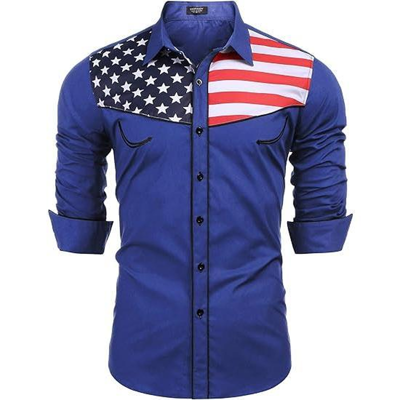 Men'S Casual American Flag Button down Shirts Slim Fit Long Sleeve Shirt Menswear Apparel Costume Cowboy Costume Cowboy Longsleeves Tops - Image 3