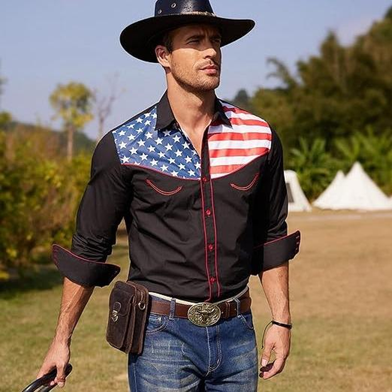 Men'S Casual American Flag Button down Shirts Slim Fit Long Sleeve Shirt Menswear Apparel Costume Cowboy Costume Cowboy Longsleeves Tops - Image 4