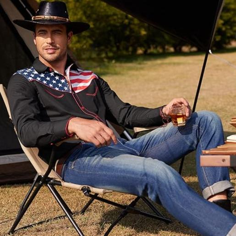 Men'S Casual American Flag Button down Shirts Slim Fit Long Sleeve Shirt Menswear Apparel Costume Cowboy Costume Cowboy Longsleeves Tops - Image 5