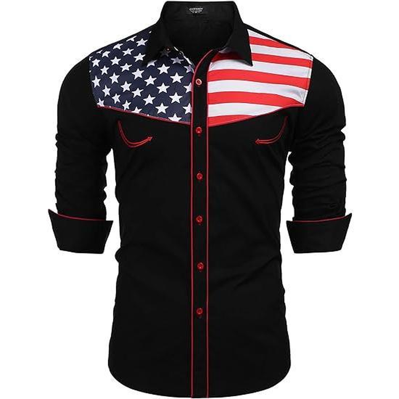 Men'S Casual American Flag Button down Shirts Slim Fit Long Sleeve Shirt Menswear Apparel Costume Cowboy Costume Cowboy Longsleeves Tops - Image 12