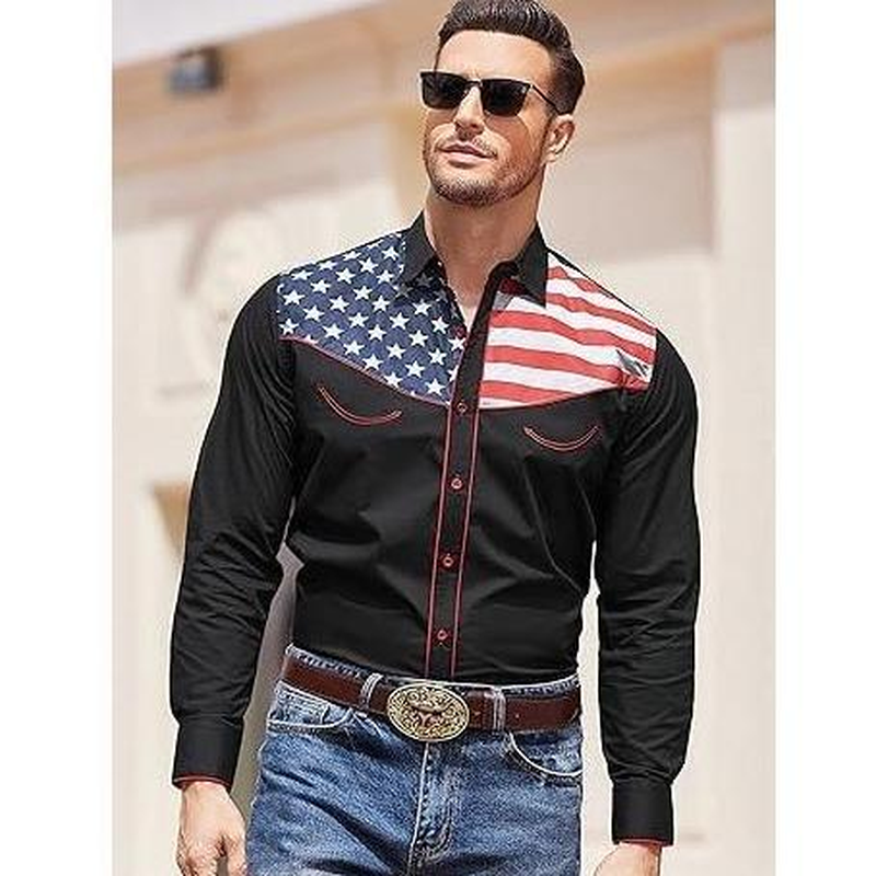 Men'S Casual American Flag Button down Shirts Slim Fit Long Sleeve Shirt Menswear Apparel Costume Cowboy Costume Cowboy Longsleeves Tops - Image 10