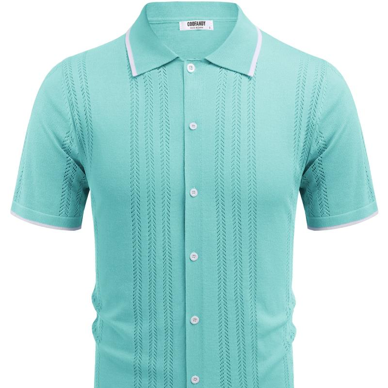 Men'S Knit Button down Shirt Vintage Short Sleeve Polo Shirts - Image 19